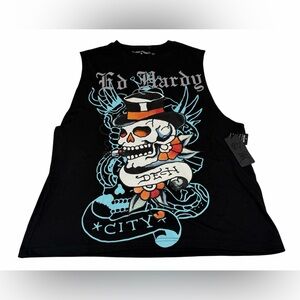 Ed Hardy Men’s SKULL TOPHAT MENS CUT OFF TEE M NWT